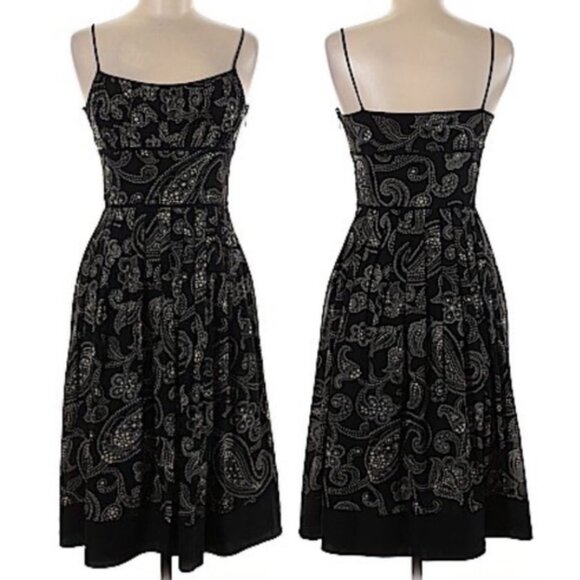 ANN TAYLOR Black Tan Paisley Floral Sleeveless 100% SILK Midi Fit & Flare Dress - Picture 1 of 16
